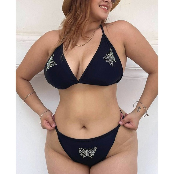 Ladies Solid Color Plus Size Rhinestone Lace-Up Swimsuit - Picture 6 of 9